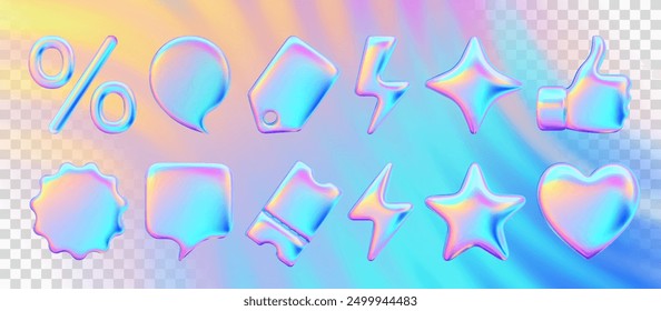 Set Realistic 3d objects for advertising and promotion. Holographic iridescent elements for design of sales and discounts. Percentage symbol. Price tag, coupon, lightning, star. Vector illustration.