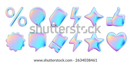 Set Realistic 3d objects for advertising and promotion. Holographic iridescent elements for design of sales and discounts. Percentage symbol. Price tag, coupon, lightning, star. Vector illustration.