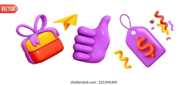 Set of Realistic 3d objects in cartoon plastic style for advertising and promotions. Elements for design of sales and discounts. Gift box, hand gesture class thumbs up, label tag. Vector illustration