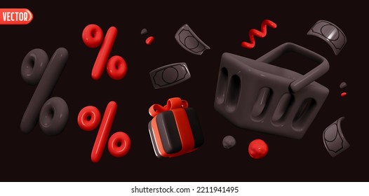 Set Realistic 3d objects in cartoon plastic style for advertising and promotion. Elements for design of sales and discounts. Food basket, paper money, percentage symbol, gift box. Vector illustration