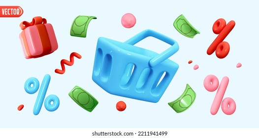 Set Realistic 3d objects in cartoon plastic style for advertising and promotion. Elements for design of sales and discounts. Food basket, paper money, percentage symbol, gift box. Vector illustration