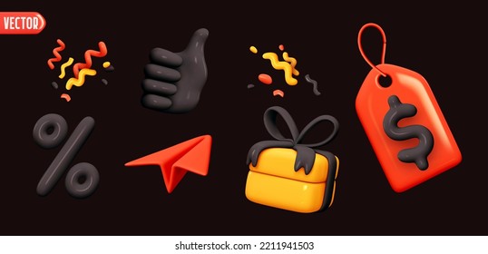 Set of Realistic 3d objects in cartoon plastic style for advertising and promotions. Elements for design of sales and discounts. Gift box, hand gesture class thumbs up, label tag. Vector illustration