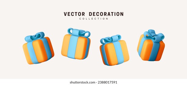 Set of realistic 3d orange gifts box. Holiday decoration presents. Festive gift surprise. Decor Isolated boxes. Vector illustration