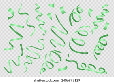 Set of realistic 3d pastel green party streamers, coil ribbon serpentine isolated on transparent background. Falling glossy spiral curled tinsel, vector festive confetti for party, celebration