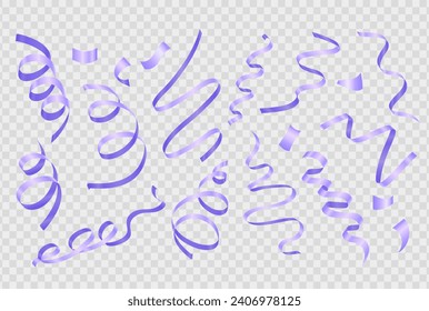 Set of realistic 3d pastel purple party streamers, coil ribbon serpentine isolated on transparent background. Falling glossy spiral curled tinsel, vector festive confetti for party, celebration