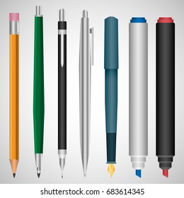 Set of realistic 3D pen and pencil. Simple pencil, mechanical pencil, drawing pencil, metal pen, marker, highlighter, feather on a white background
 . A set of office and school tools.
