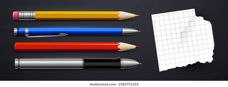 Set of Realistic 3D Pencils and Elegant  Ball Pens with note paper Isolated in dark Background as School Items. Vector Illustration