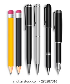 Set of Realistic 3D Pencils and Elegant Black and Silver Ball Pens Isolated in White Background as School Items. Vector Illustration