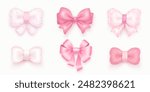 Set of realistic 3d pink bow isolated on white background. Baby shower design elements for baby girl. Bow for gift box. Glossy ribbon. Vector illustration
