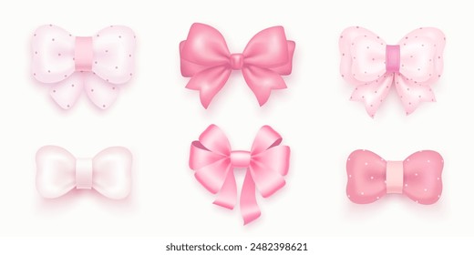 Set of realistic 3d pink bow isolated on white background. Baby shower design elements for baby girl. Bow for gift box. Glossy ribbon. Vector illustration