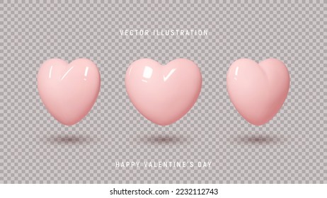 Conjunto de corazones rosados realistas en 3d. Ilustración vectorial con corazones rosados 3d en diferentes posiciones aislados en el fondo a cuadros. Símbolos de vacaciones para el diseño de la decoración de San Valentín.