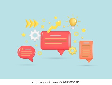 Set of realistic 3d pink speech bubble, message button, chat box with talk speech notification, light bulb, arrow, settings icon. Dialogue 3d icon, speak bubble symbol. Glossy vector illustration