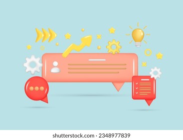 Set of realistic 3d pink speech bubble, message button, chat box with talk speech notification, light bulb, arrow, settings icon. Dialogue 3d icon, speak bubble symbol. Glossy vector illustration