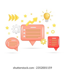 Set of realistic 3d pink speech bubble, message button, chat box with talk speech notification, light bulb, arrow, settings icon. Dialogue 3d icon. Vector illustration isolated on white background