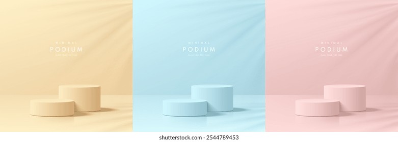 Set of realistic 3D pink, yellow, blue cylindrical podium background with leaf shadow scene. Minimalist mockup pedestal, Abstract product display presentation, Stage showcase. Platforms vector design.