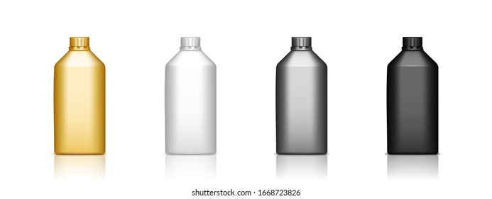 Set von realistischen 3D-Plastikflaschen aufgestickt - schwarz, weiß, silber, gold. Vektorillustration-Illustration für das Paketdesign. Faltschachtel für flüssige Lebensmittel, Kosmetik, Haushalt und Hygieneprodukte