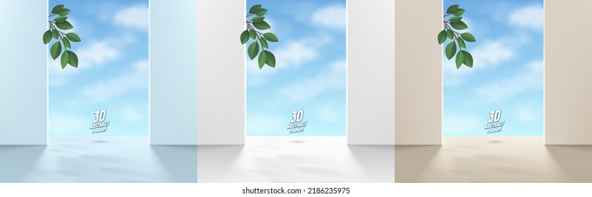 Conjunto de fondo realista de 3d podio en escena blanca, azul, beige con hoja verde y cielo azul nubes. Resumen de la escena de pared mínima para la presentación de productos de maquillaje, escaparate de escenario. Formas geométricas vectoriales.