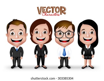 Set of Realistic 3D Professional Man and Woman Characters Happy Smiling in Formal Dress Attire for Business Isolated in White Background. Editable Vector Illustration