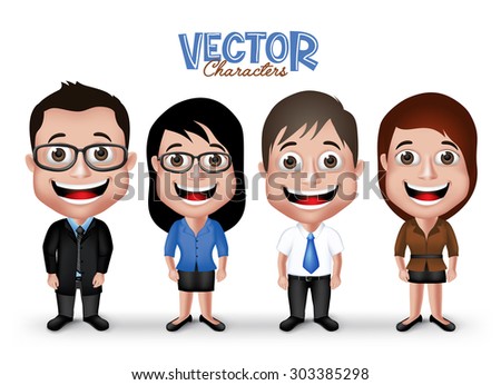 Set of Realistic 3D Professional Man and Woman Characters Happy Smiling in Formal Dress Attire for Business Isolated in White Background. Editable Vector Illustration