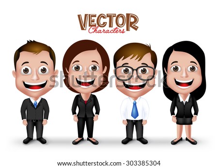Set of Realistic 3D Professional Man and Woman Characters Happy Smiling in Formal Dress Attire for Business Isolated in White Background. Editable Vector Illustration