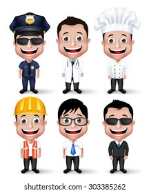 Set of Realistic 3D Professional Occupation Man Characters Happy Smiling Isolated in White Background. Editable Vector Illustration