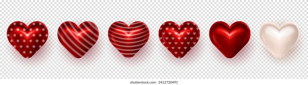 Set of realistic 3d puffy red and white valentine hearts with pattern isolated on transparent background clip art. Three dimensional symbols of love, passion, affection - hearts for Valentines Day