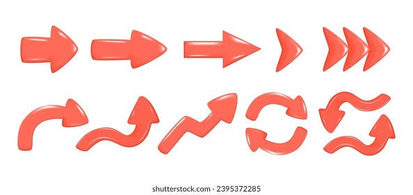 Set of realistic 3d red glossy arrows. Different shape of pointer 3d direction icon. Collection of left, right, straight, up, down, round sign. Vector illustration isolated on white background