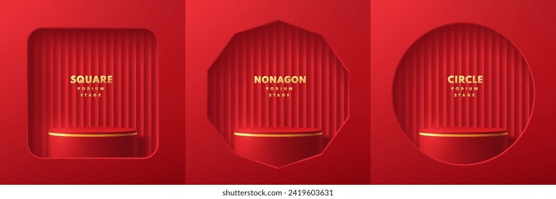 Set of realistic 3d red, gold cylinder podium in square, nonagon and circle window background. Chinese new year. Abstract studio room. Pastel minimal scene products stage showcase, Promotion display.