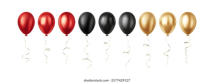 Set of Realistic 3D Red Gold Black Party Event Balloons Isolated on White Background. Vector illustration