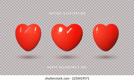 Set of realistic 3d red heart. Vector illustration with 3d red hearts in different positions isolated on checkered background. Holiday symbols for Valentine's Day decoration design.