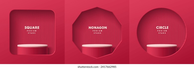 Set of realistic 3d red and pink cylinder pedestal podium in square, nonagon and circle window background. Abstract studio room. Pastel minimal scene for products stage showcase, Promotion display.