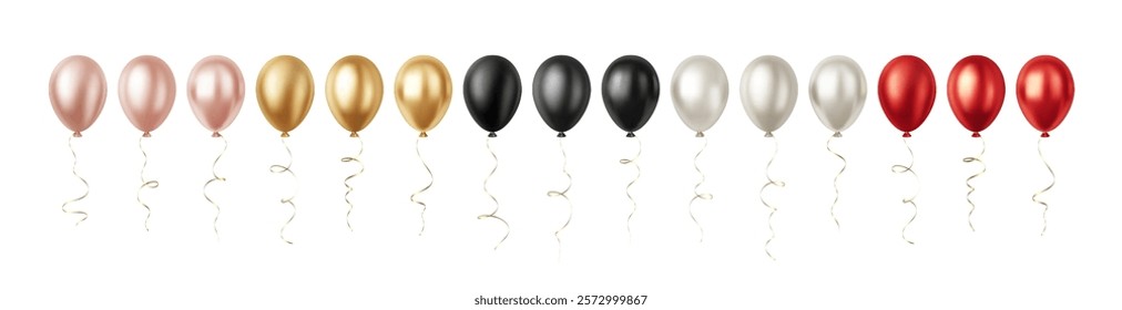 Set of Realistic 3D Red Pink Silver Rose Gold Black Party Event Balloons Isolated on White Background. Vector illustration