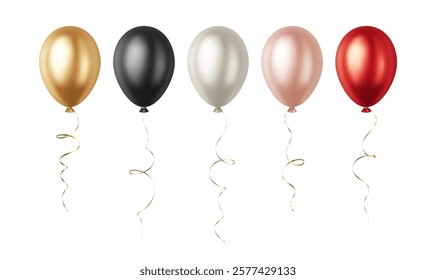 Set of Realistic 3D Red Pink Silver Rose Gold Black Party Event Balloons Isolated on White Background. Vector illustration