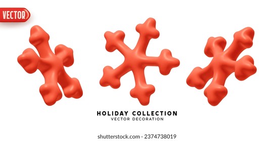 Set von realistischen 3D-roten Schneeflocken. Dekoratives Winterurlaubselement für gestalterische, volumetrische Schneeflocken. Vektorgrafik