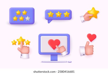 Set of realistic 3d render game achievements concept on white background. High quality rating symbol, customer feedback sign. 3D Web Vector Illustrations. 