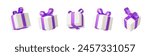 Set of realistic 3d render gift boxes. White gift box with purple bow and ribbon. Gift box in different angles. Vector illustration.