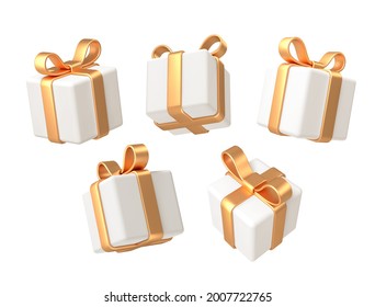 Set of realistic 3d render gift boxes. White gift box with golden bow and ribbon. Gift box in different angles. Vector illustration.