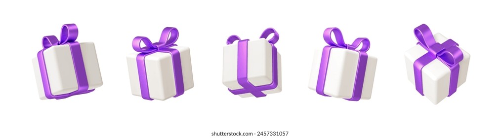 Set of realistic 3d render gift boxes. White gift box with purple bow and ribbon. Gift box in different angles. Vector illustration.