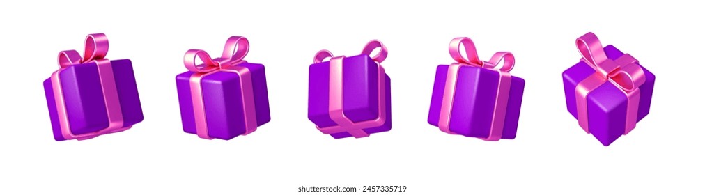 Set of realistic 3d render gift boxes. Purple gift box with pink bow and ribbon. Gift box in different angles. Vector illustration.