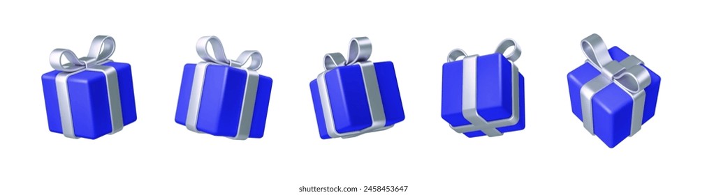 Conjunto de cajas de regalo de renderizado 3D realista. Caja de regalo azul con lazo y cinta de plata. Caja de regalo en diferentes ángulos. Ilustración vectorial.