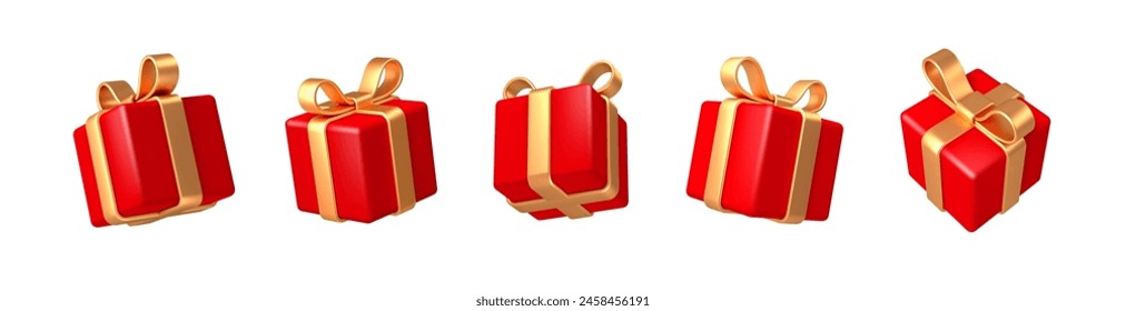 Set of realistic 3d render gift boxes. Red gift box with golden bow and ribbon. Gift box in different angles. Vector illustration.