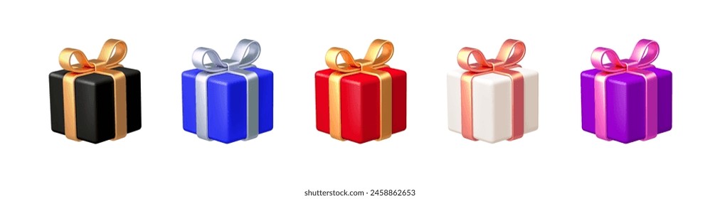 Conjunto de cajas de regalo de renderizado 3D realista. Cajas de regalo en diferentes colores. Ilustración vectorial.