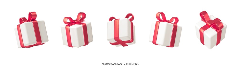 Set of realistic 3d render gift boxes. White gift box with red bow and ribbon. Gift box in different angles. Vector illustration.