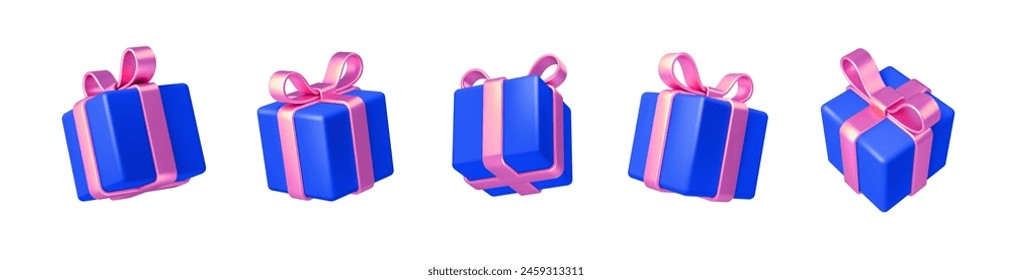 Set of realistic 3d render gift boxes. Blue gift box with pink bow and ribbon. Gift box in different angles. Vector illustration.