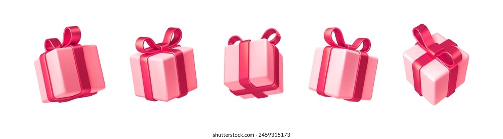 Set of realistic 3d render gift boxes. Pink gift box with red bow and ribbon. Gift box in different angles. Vector illustration.