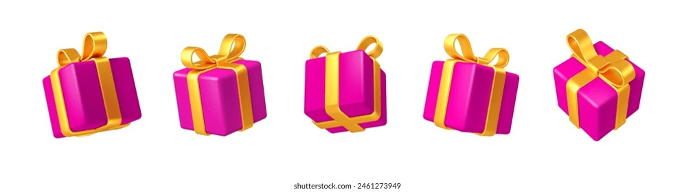 Set of realistic 3d render gift boxes. Magenta gift box with yellow bow and ribbon. Gift box in different angles. Vector illustration.