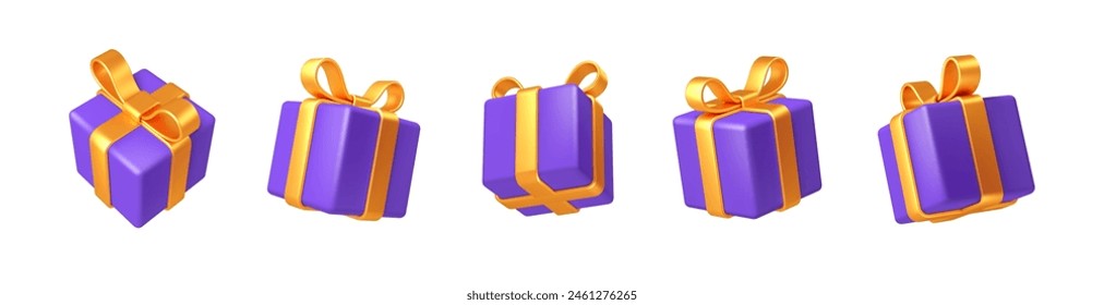 Set of realistic 3d render gift boxes. Purple gift box with yellow bow and ribbon. Gift box in different angles isolated on white. Vector illustration.