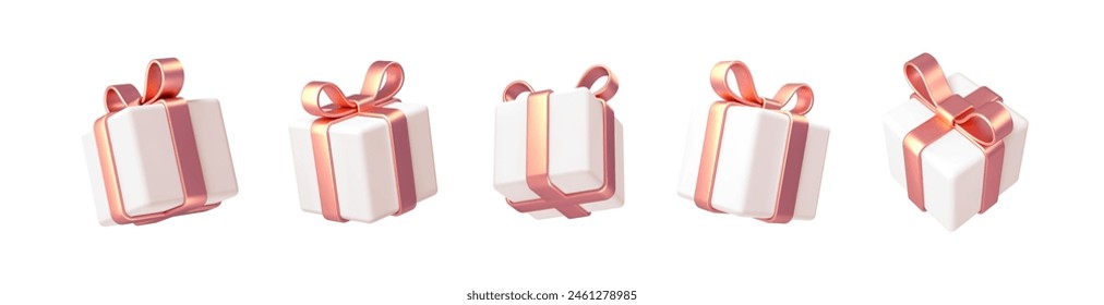 Set of realistic 3d render gift boxes. White gift box with rose gold bow and ribbon. Gift box in different angles isolated on white. Vector illustration.