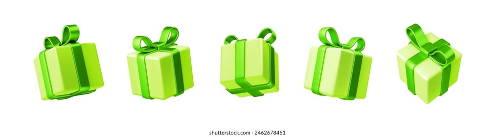 Set of realistic 3d render gift boxes. Light green gift box with green bow and ribbon. Gift box in different angles isolated on white. Vector illustration.