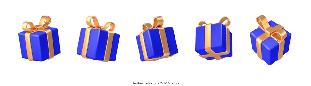 Set of realistic 3d render gift boxes. Blue gift box with golden bow and ribbon. Gift box in different angles isolated on white. Vector illustration.